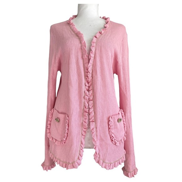 Edward Achour Paris Pink Ruffle Trim V-Neck Cardigan Sweater coquette old money